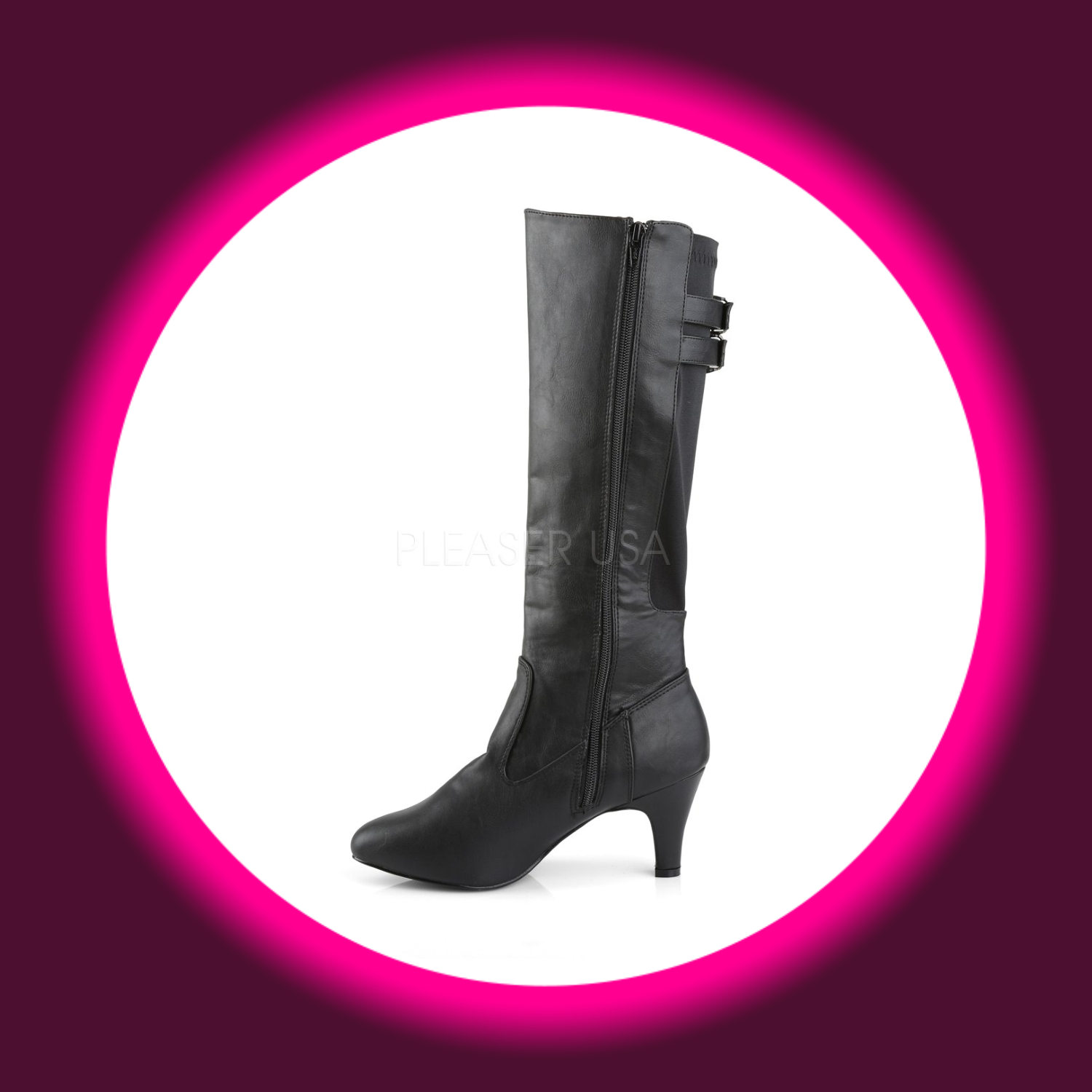 seitliche Ansicht schwarze Stiefel mit Reißverschluss und kleinem Absatz, Pleaser Pink Label Divine 2018