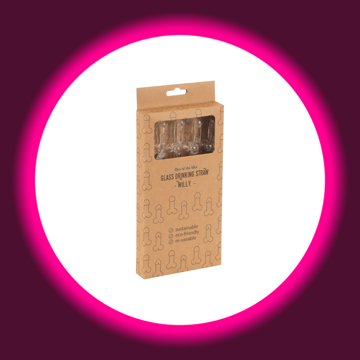 Verpackung von vier Strohhalmen aus Glas in Penisform mit Reinigungsbürste