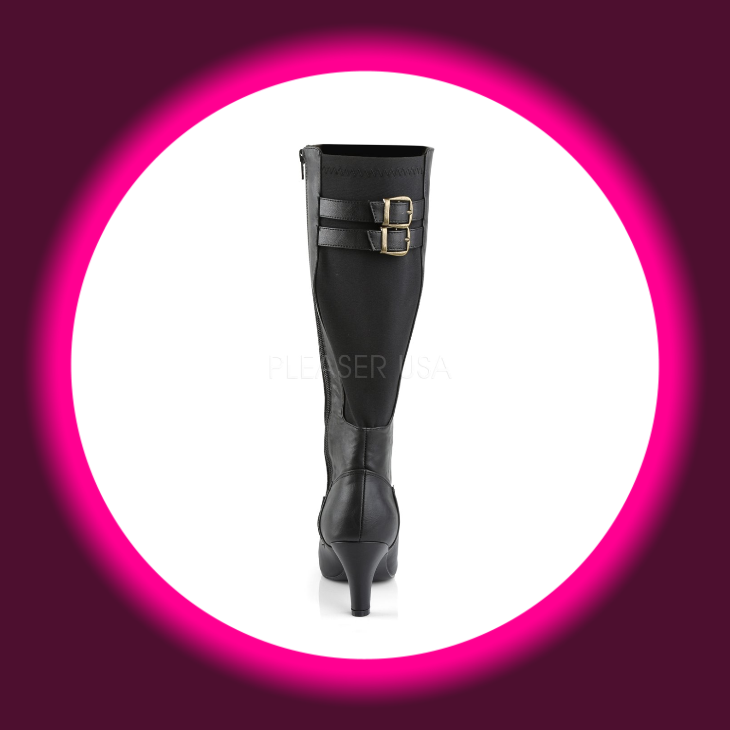 Rückansicht schwarze Stiefel mit zwei Zierschnallen, Pleaser Pink Label Divine 2018