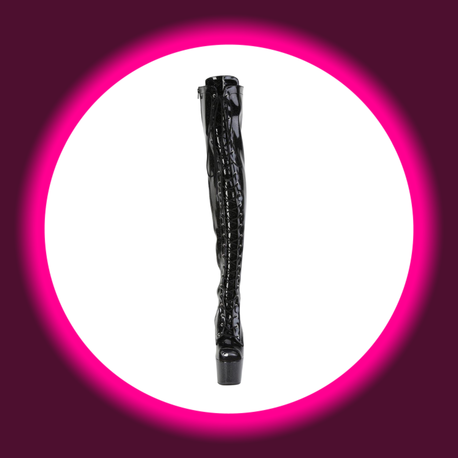 Frontansicht schwarze Peeptoe Overknee Stiefel mit hohem Plateau und Frontschürung, Pleaser Adore 3021