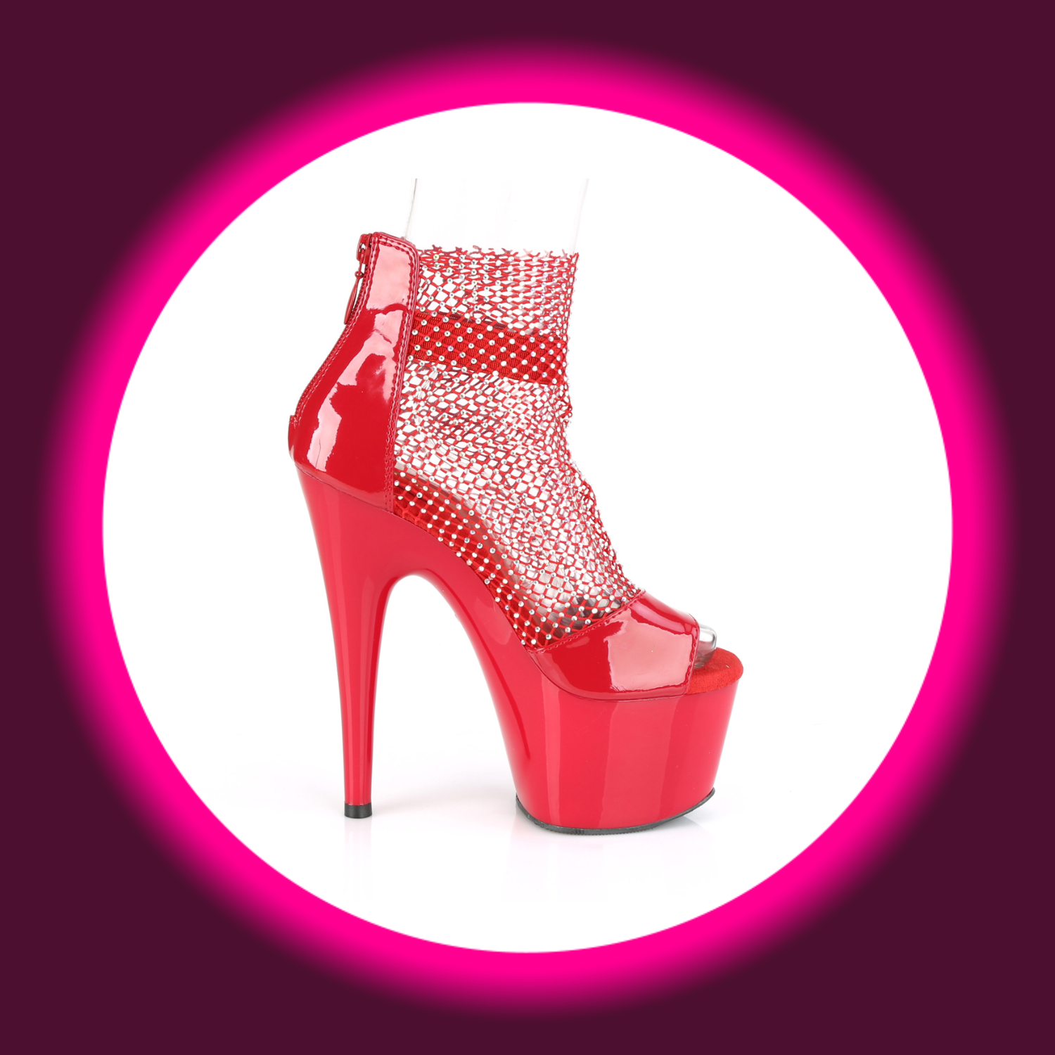 seitliche Ansicht rote Shootie Sandale mit Gittergewebe, mit Plateau und hohem Absatz, Pleaser Adore 765RM