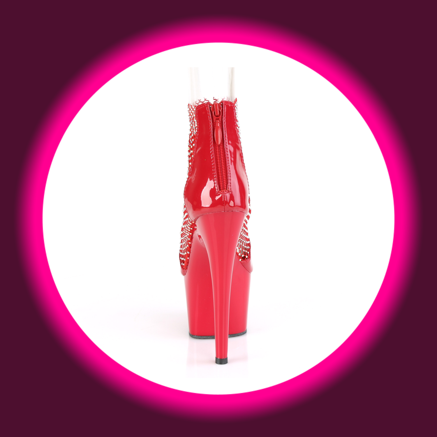 Rückansicht rote Shootie Sandale mit Gittergewebe, mit Plateau und hohem Absatz, Pleaser Adore 765RM