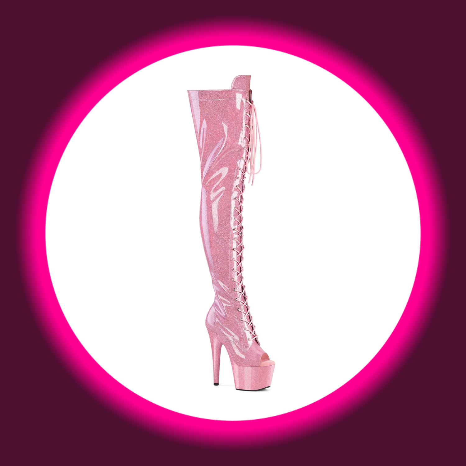 Winkelansicht rosa Peeptoe Overknee Stiefel mit hohem Absatz, Plateau und Frontschürung, Pleaser Adore 3021
