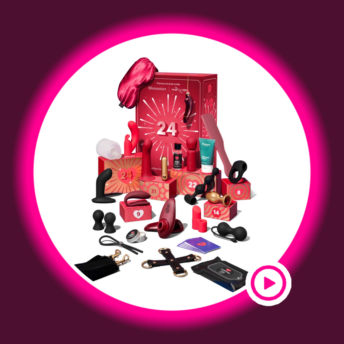 Magic Shiver Couples Erotik-Adventskalender 2026 mit ausgelegten Sextoys, Pflegeprodukten und Accessoires vor rot-goldfarbenen Geschenkboxen