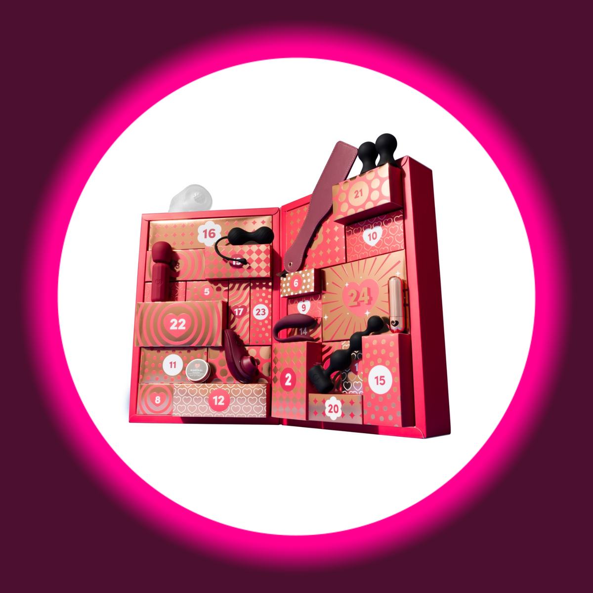 Magic Shiver Couples Erotik-Adventskalender 2026, aufgeklappt mit nummerierten Geschenkboxen und einer Auswahl an Vibratoren, Analtoys und Accessoires