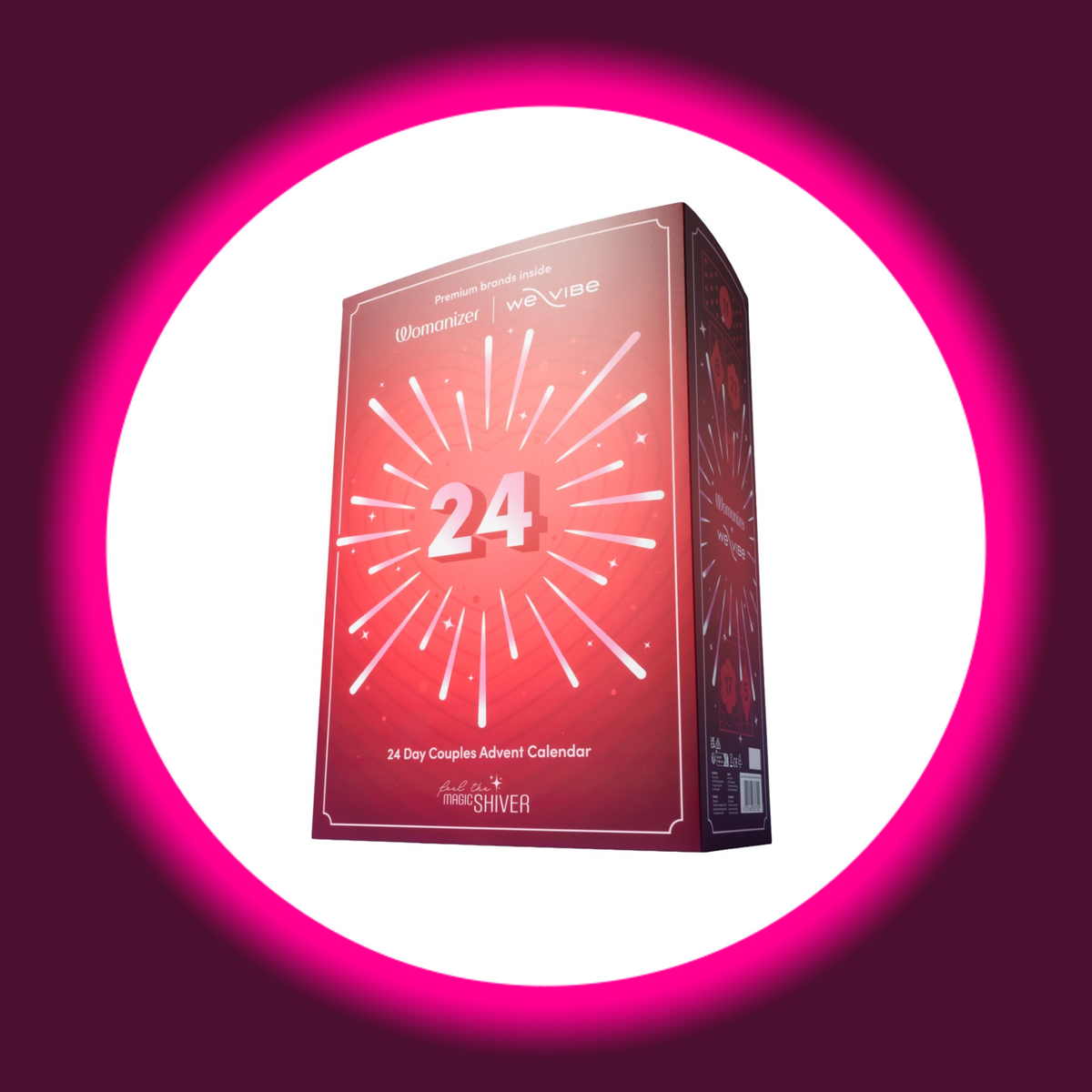 Magic Shiver Couples Erotik-Adventskalender 2026, geschlossene rote Verpackung mit großer 24, goldfarbenem Strahlenmotiv und Logos von Womanizer und We-Vibe