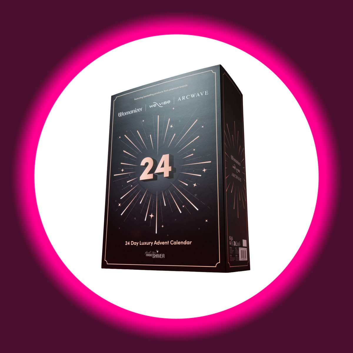 Magic Shiver Luxury Erotik-Adventskalender 2026, geschlossene schwarze Verpackung mit großer goldfarbener 24, Strahlenmotiv und Logos von Womanizer, We-Vibe und Arcwave