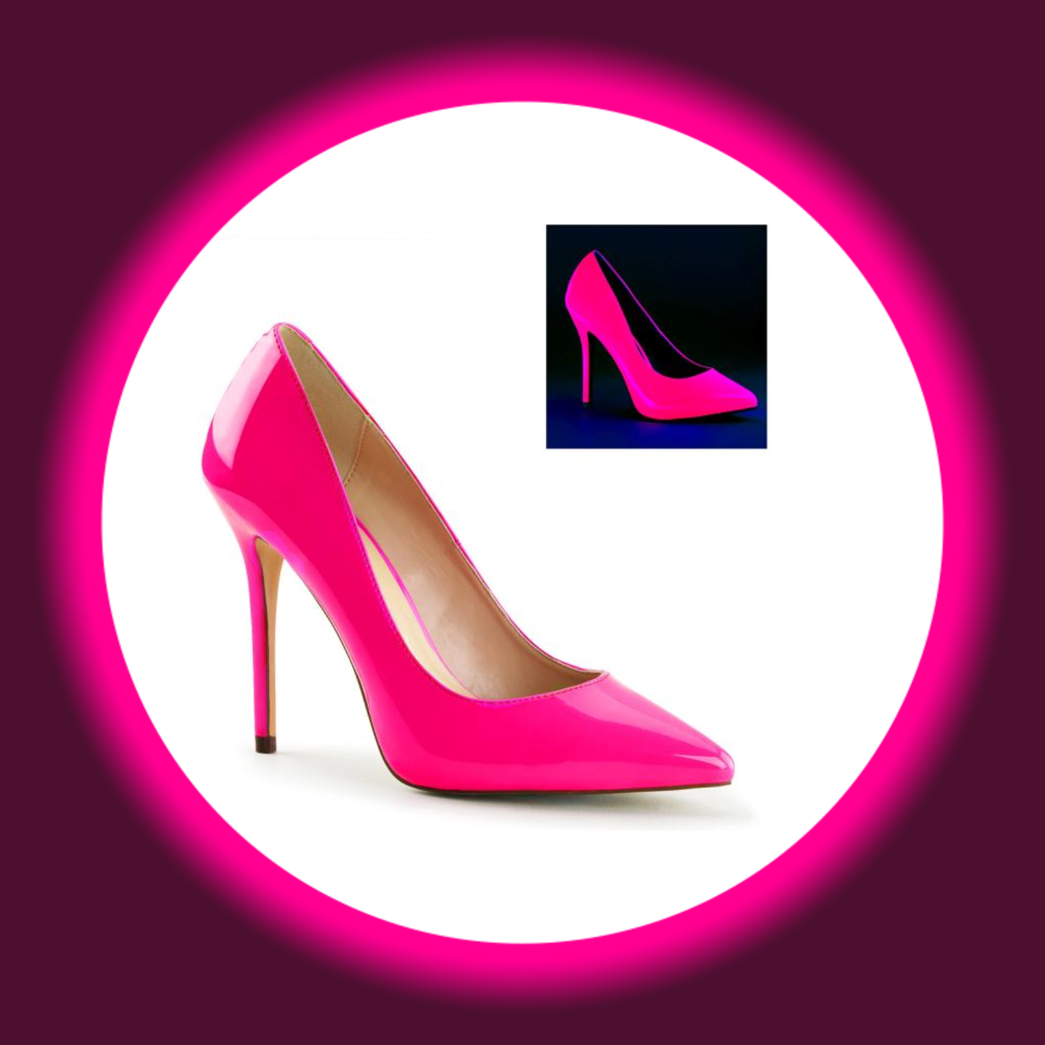 Winkelansicht pinke Pumps mit hohem Absatz, darüber uv-reaktive pinke Pumps, Pleaser Amuse 20