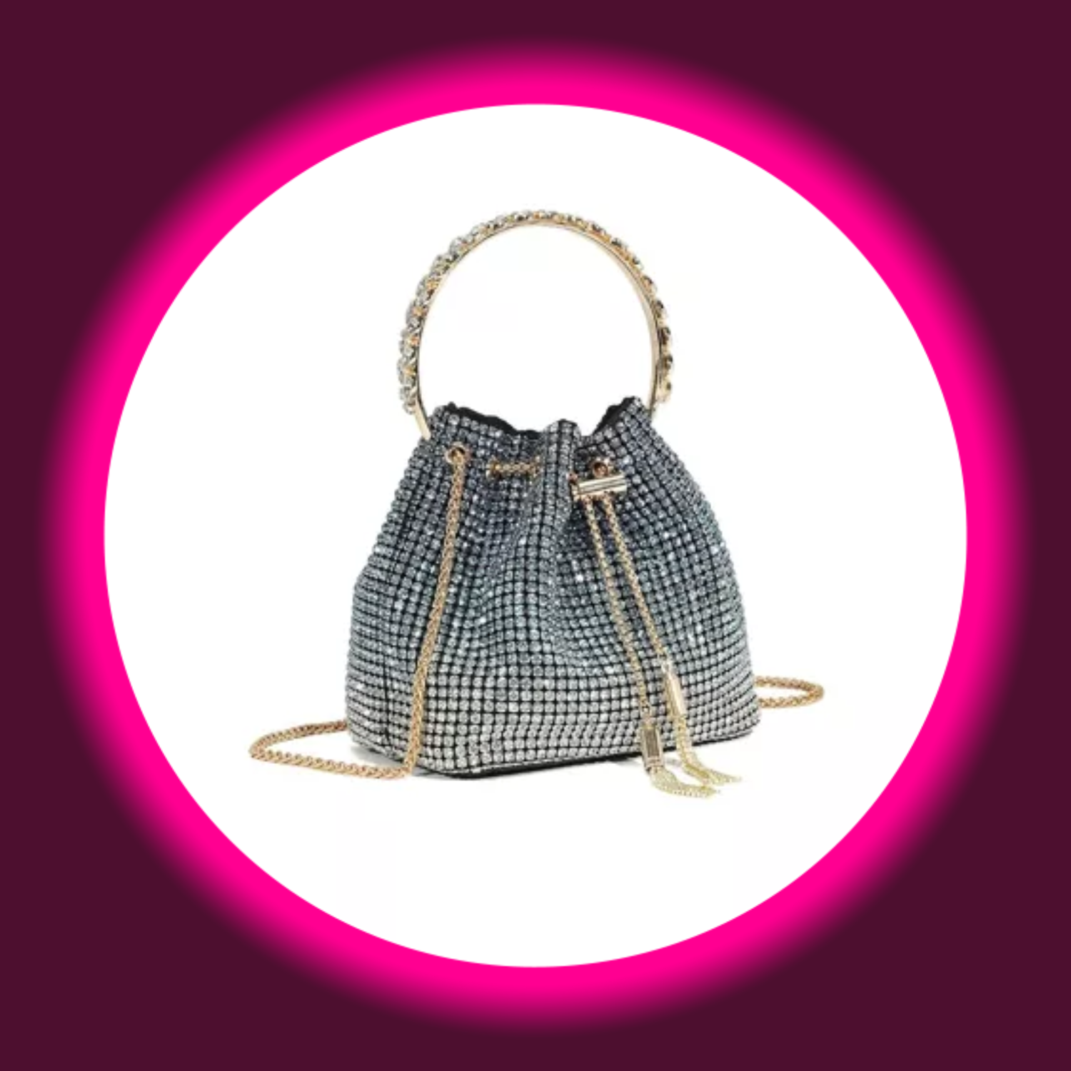 Handtasche von AFTERSHOCK LONDON: Glamouroese Bucket Bag mit Strasssteinen und goldenem Kristallgriff