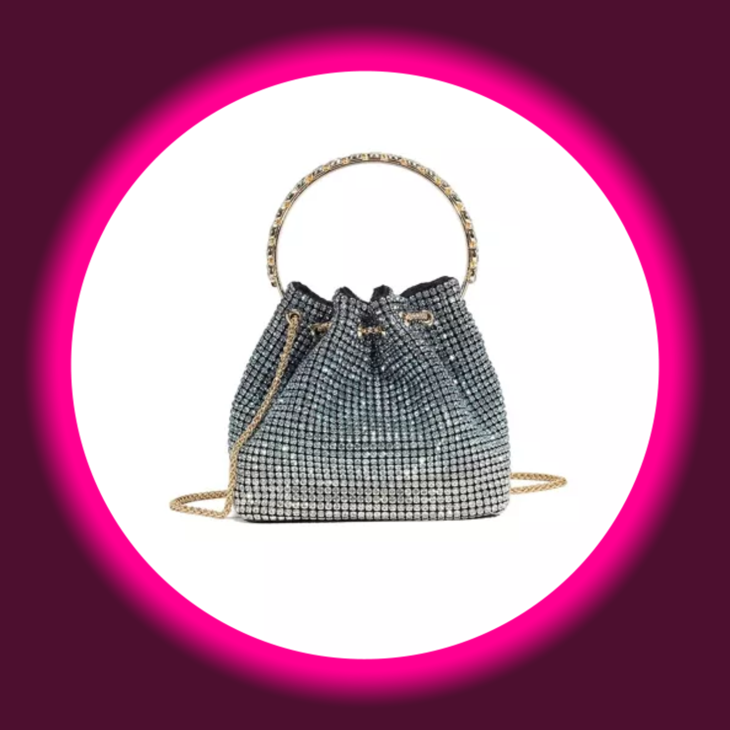 Handtasche von Aftershock London mit glitzernden Strasssteinen, rundem Kristallgriff und goldener Kette