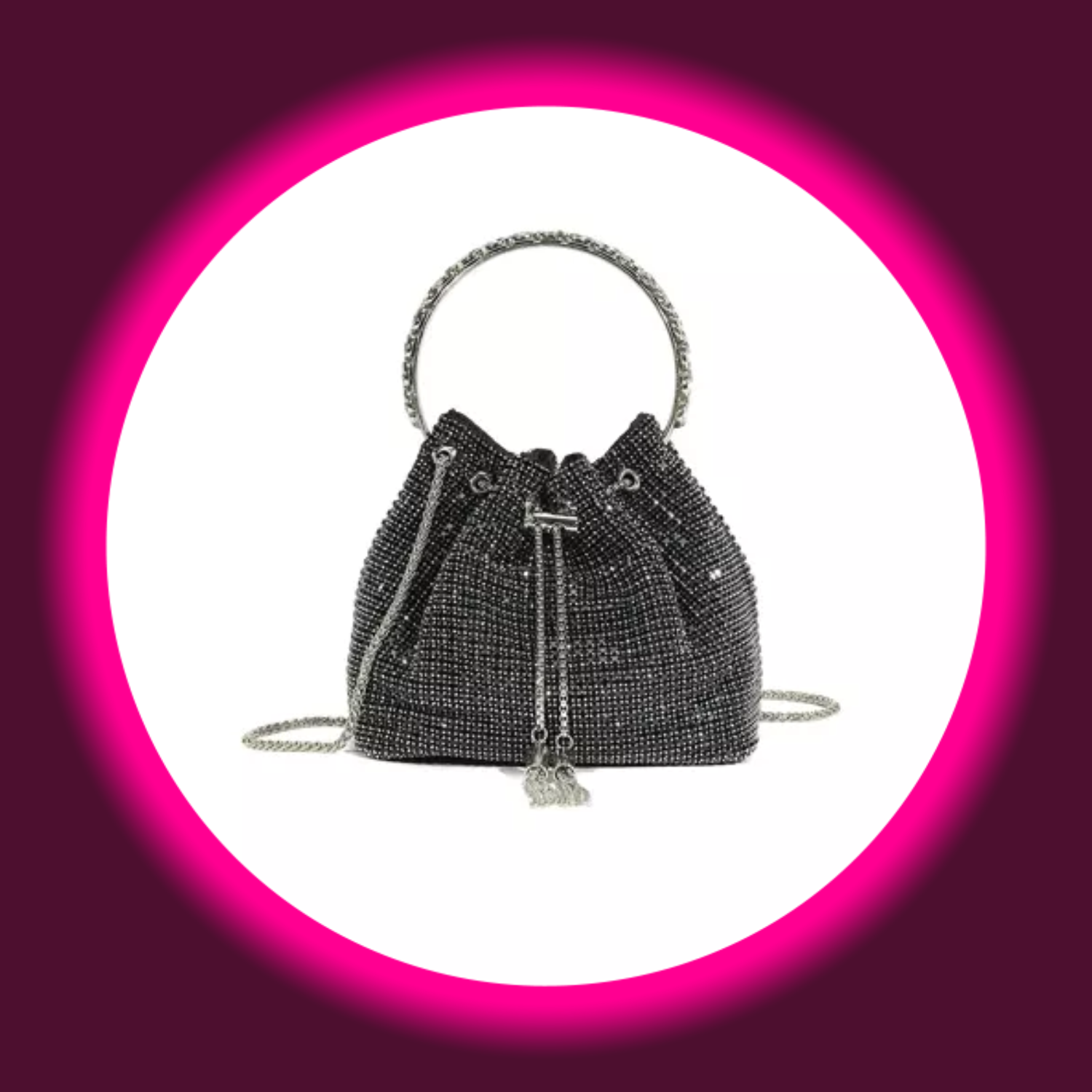 Handtasche von AFTERSHOCK LONDON: Elegante Bucket Bag mit Strasssteinen, rundem Kristallgriff und Kettenriemen.