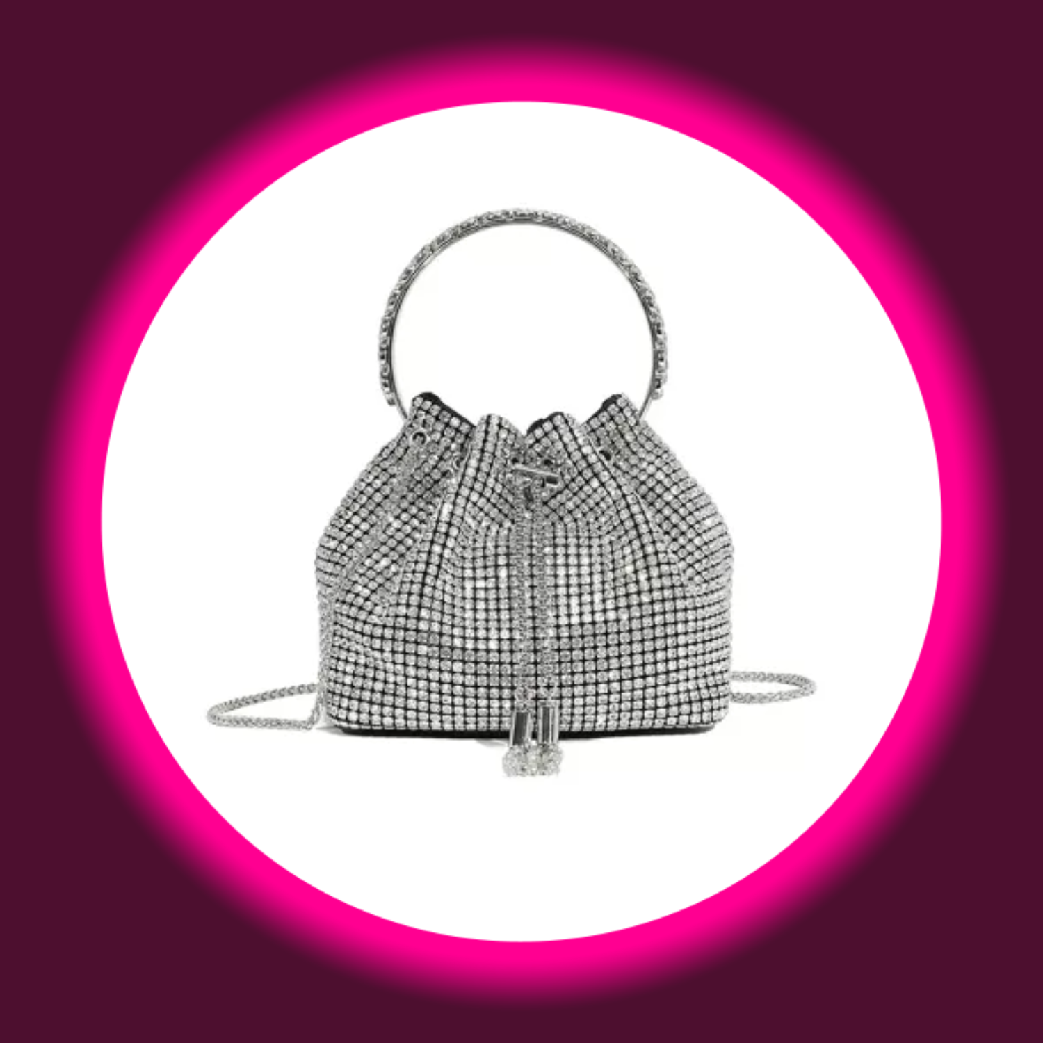 AFTERSHOCK LONDON Handtasche - Silberne Bucket Bag mit Kristallverzierung und rundem Tragegriff.