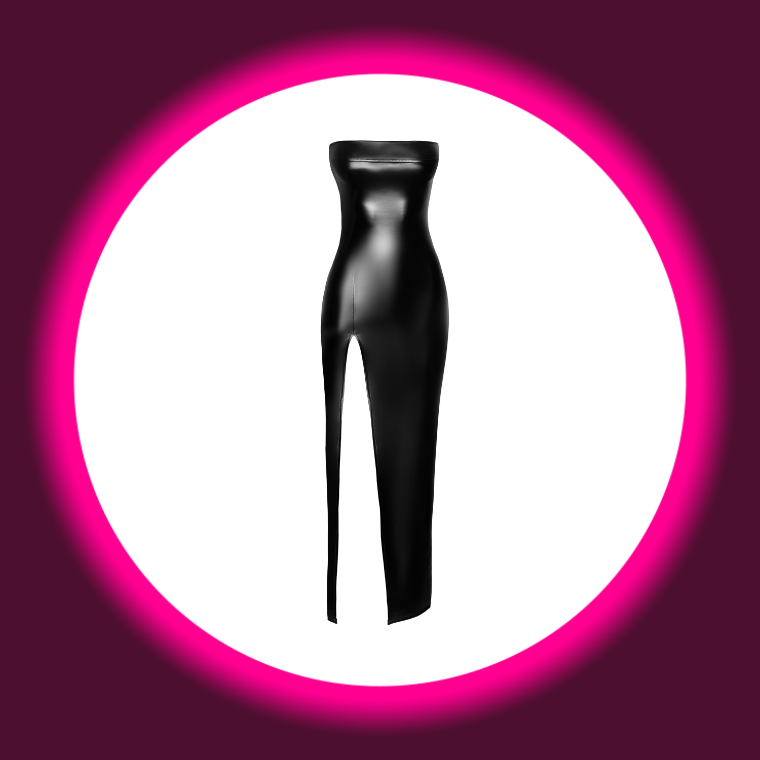 Frontansicht langes schwarzes glänzendes Kleid mit Beinschlitz von Noir Handmade