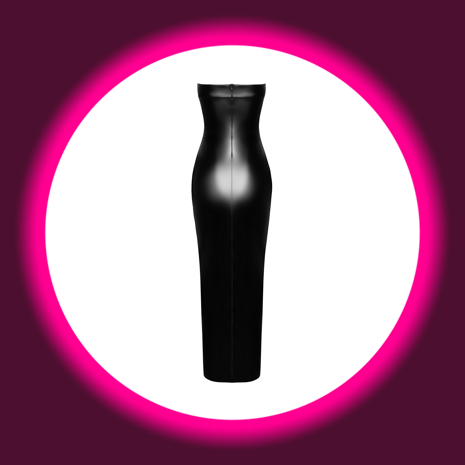 Rückansicht langes schwarzes glänzendes Kleid ohne Ärmel von Noir Handmade