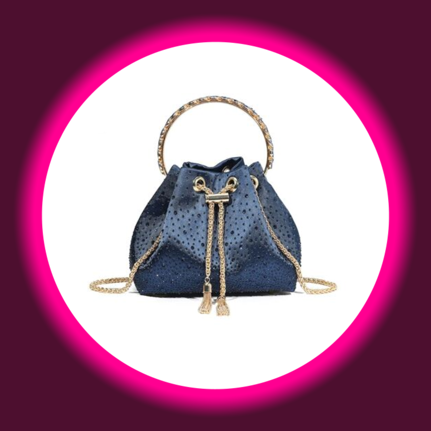 blaue Handtasche mit Strassverzierung, rundem Tragegriff und goldfarbenem Kordelzug von Aftershock London