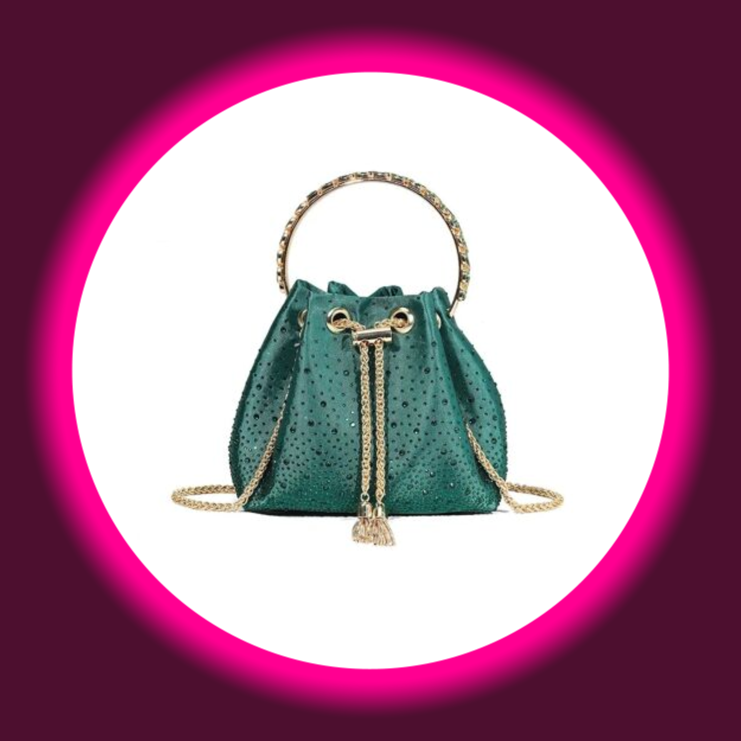 grüne Handtasche mit Strassverzierung, rundem Tragegriff und goldfarbenem Kordelzug von Aftershock London