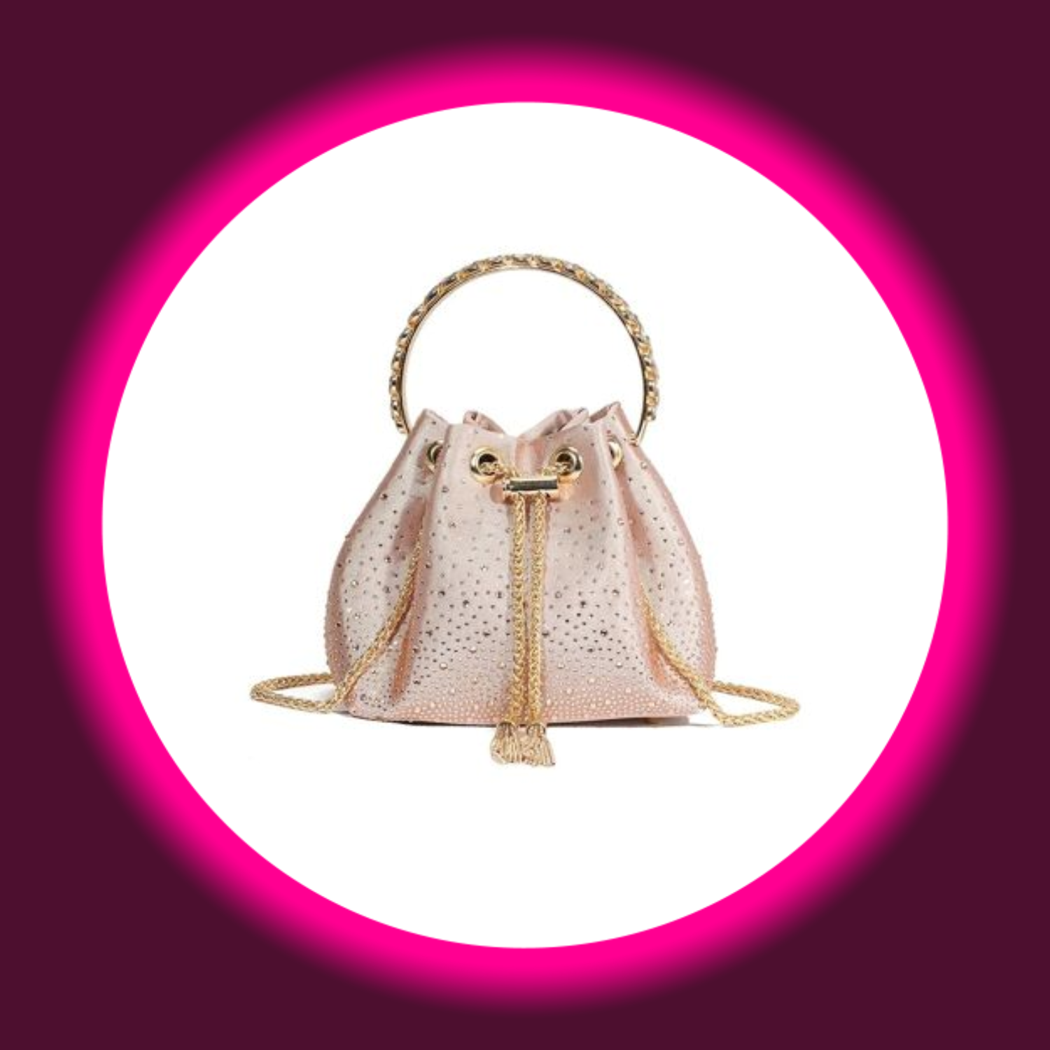 goldfarbene Handtasche mit Strassverzierung, rundem Tragegriff und goldfarbenem Kordelzug von Aftershock London