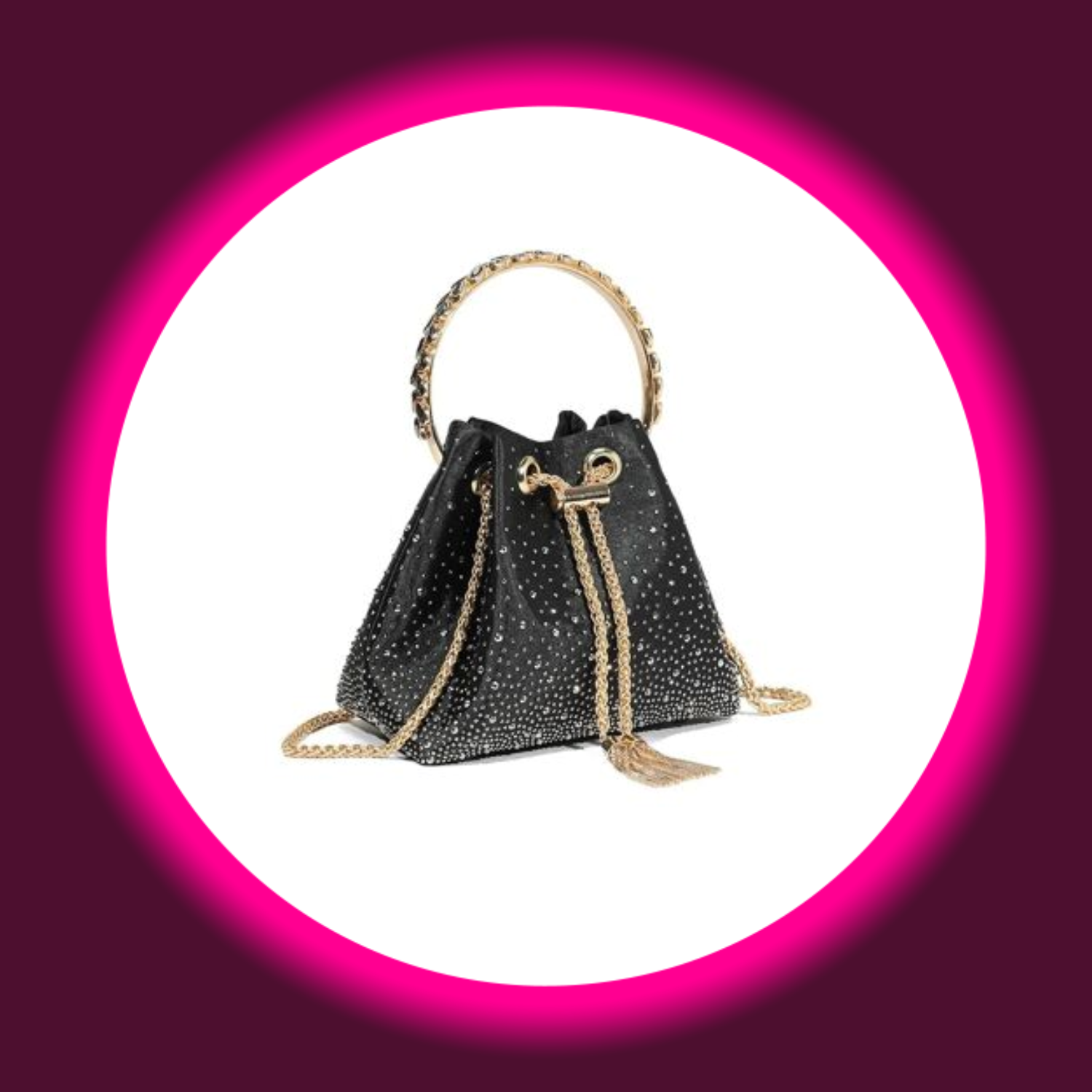 schwarze Handtasche mit Strassverzierung, rundem Tragegriff und goldfarbenem Kordelzug von Aftershock London