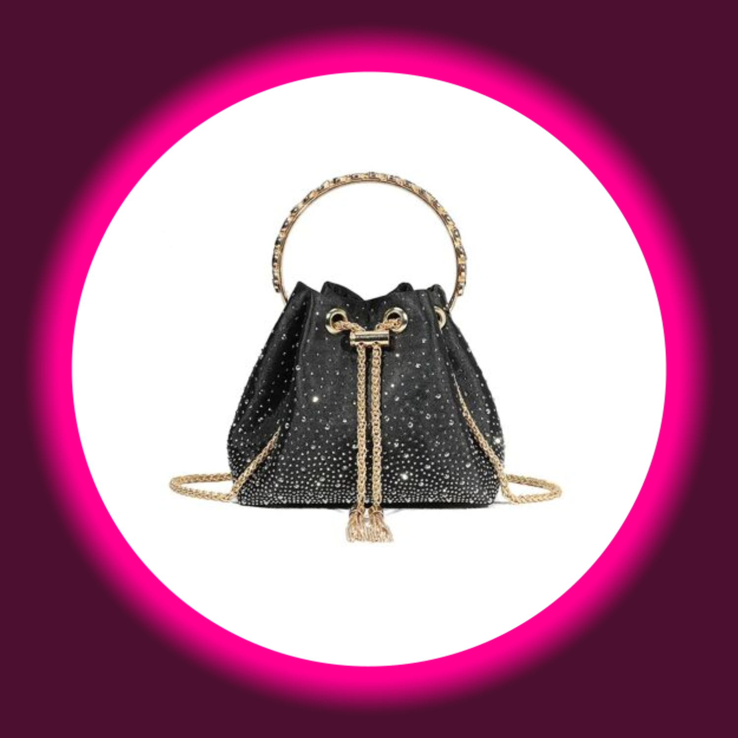 schwarze Handtasche mit Strassverzierung, rundem Tragegriff und goldfarbenem Kordelzug von Aftershock London