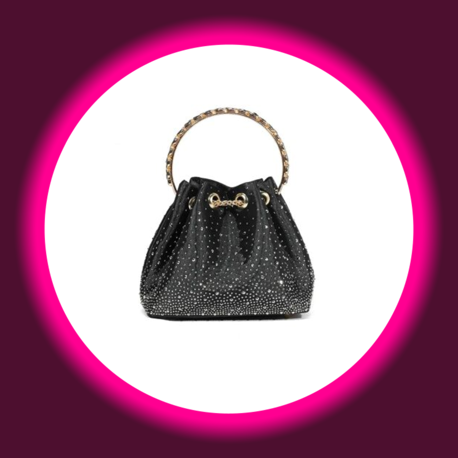 schwarze Handtasche mit Strassverzierung, rundem Tragegriff und goldfarbenem Kordelzug von Aftershock London