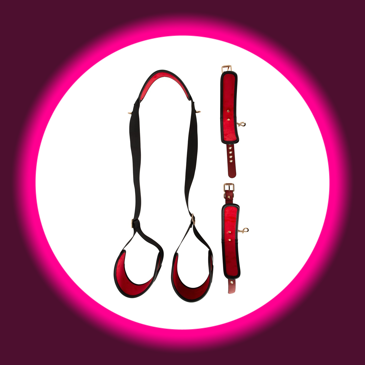 schwarz rote Kombifessel Deluxe von Bad Kitty, daneben die geöffneten Handschlaufen