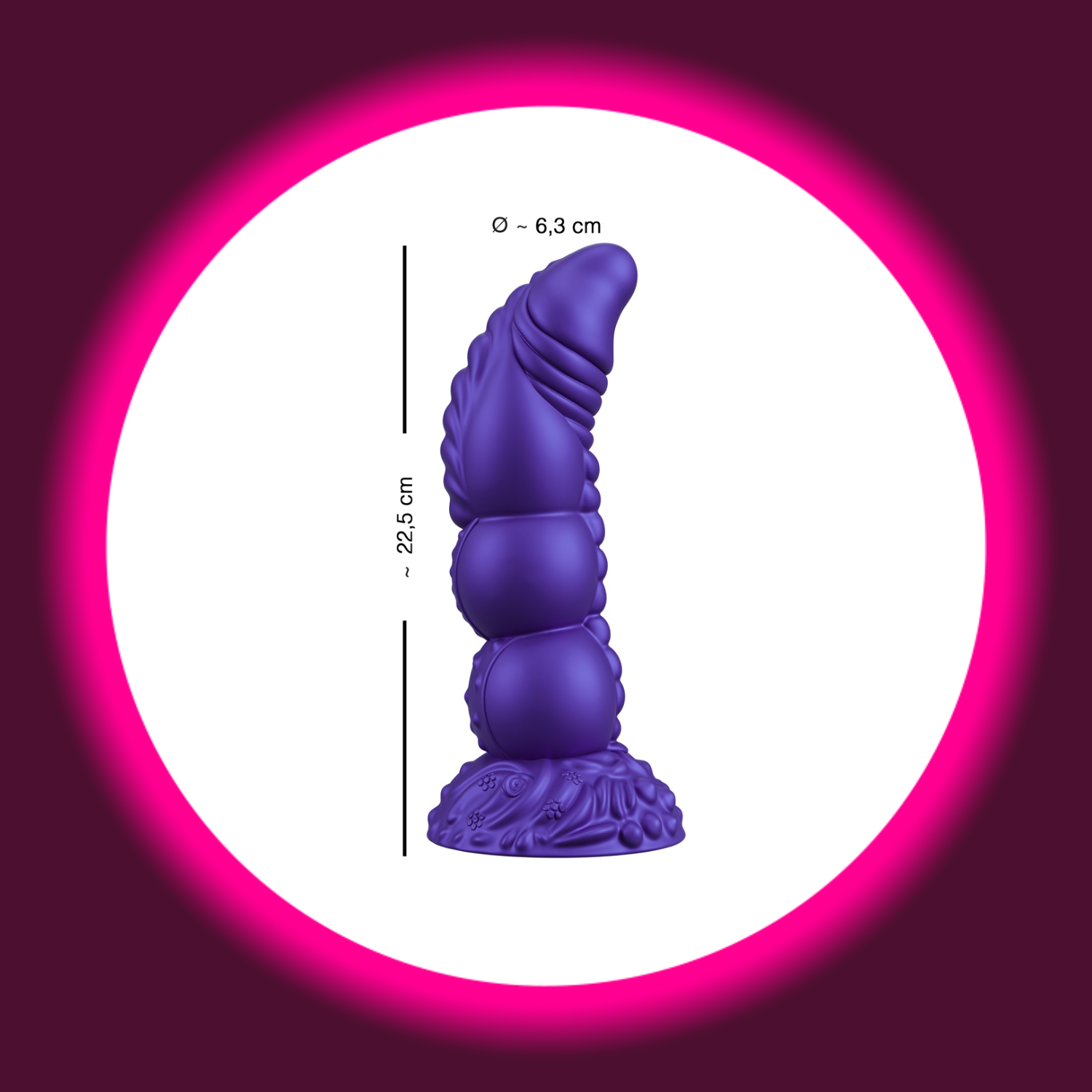 Lila Silikon Fantasy Dildo mit strukturierter Oberfläche, 22.5cm lang, 6.3cm Durchmesser - Demon of Desire Beasty Cocks