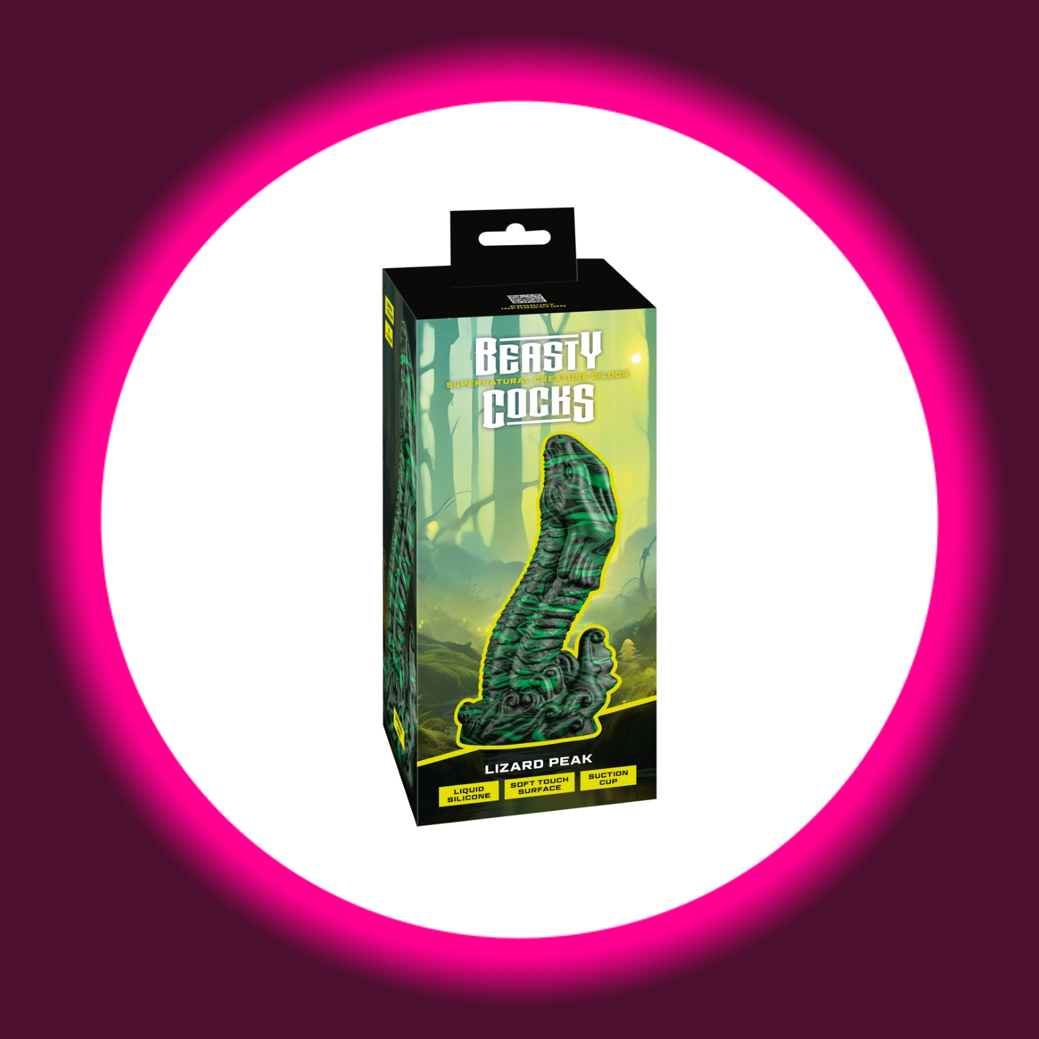 dunkle Verpackung des schwarz grünen Dildos Lizard Peak in Echsenoptik, Beasty Cocks