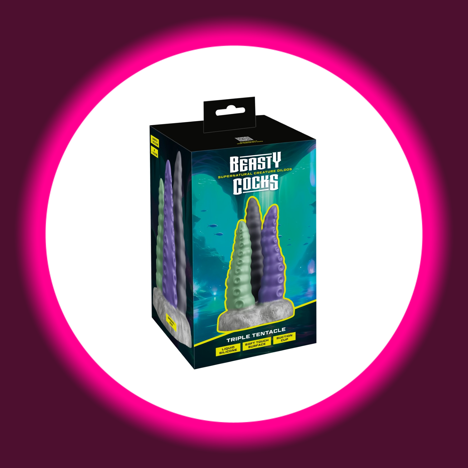 Verpackung des silbernen Sockel mit drei Dildos in grün, violett und schwarz in Tentakel-Optik, Beasty Cocks Triple Tentacle