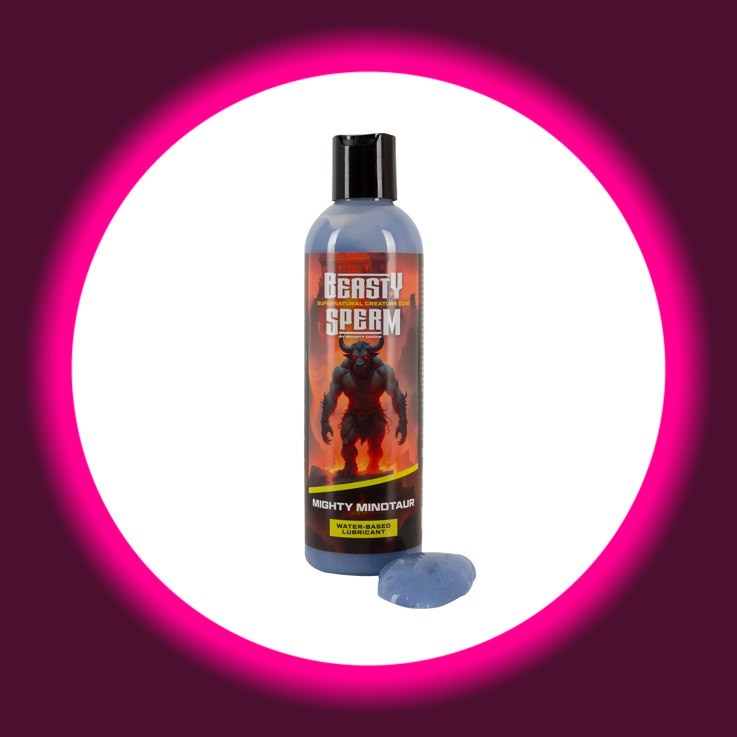 eine Flasche für Gleitgel Beasty Sperm mit einem Minotaurus, daneben ein grau blauer Klecks, Beasty Cocks