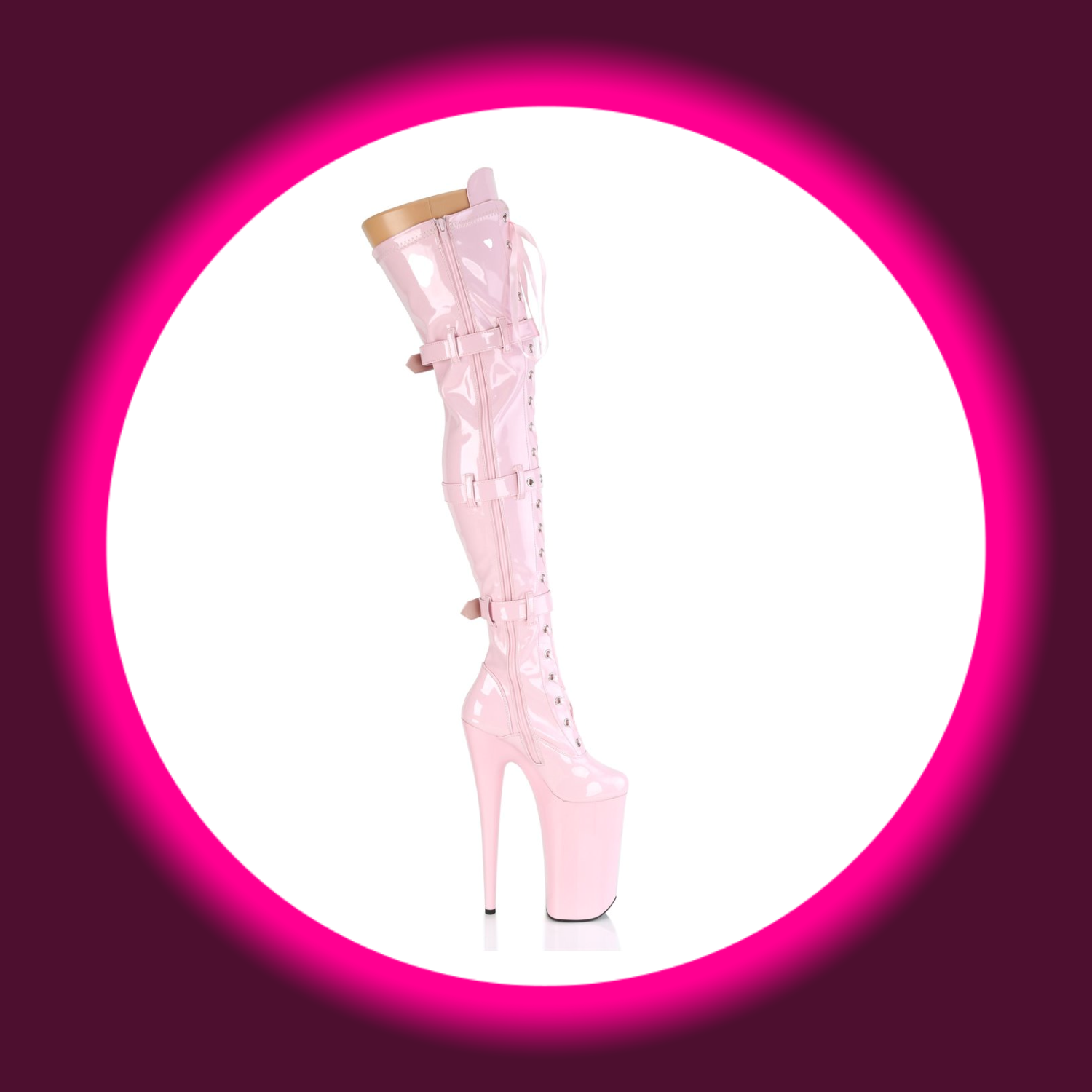 seitliche Ansicht rosa Overknees mit Frontschnürung, Zierriemen und sehr hohem Absatz, Pleaser Beyond 3028