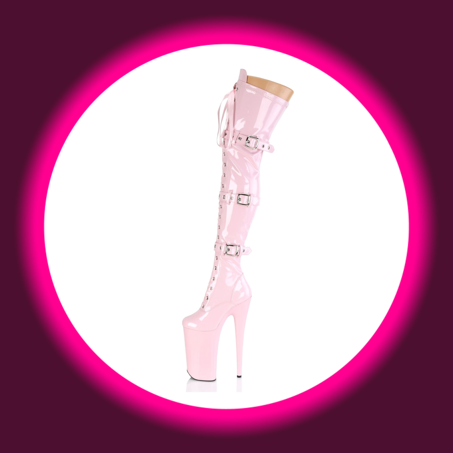 seitliche Ansicht rosa Overknees mit Frontschnürung, Zierriemen und sehr hohem Absatz, Pleaser Beyond 3028