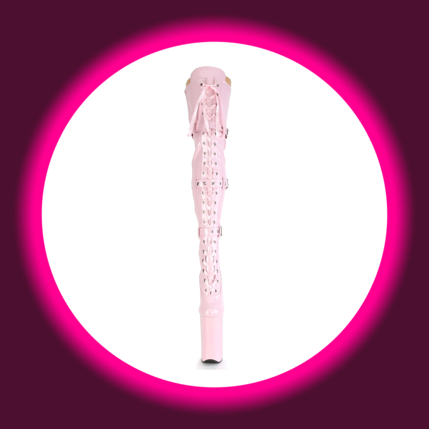 Frontansicht rosa Overknees mit Frontschnürung, Zierriemen und sehr hohem Plateau, Pleaser Beyond 3028