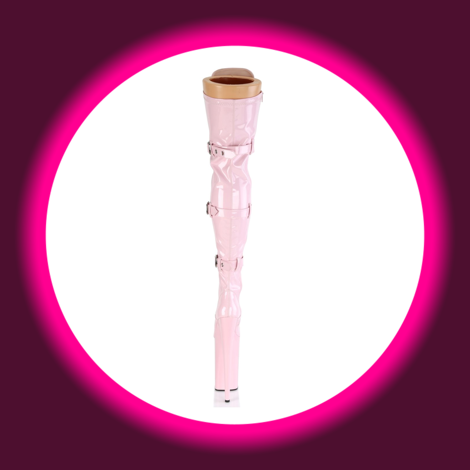 Rückansicht rosa Overknees mit Zierriemen und sehr hohem Absatz, Pleaser Beyond 3028