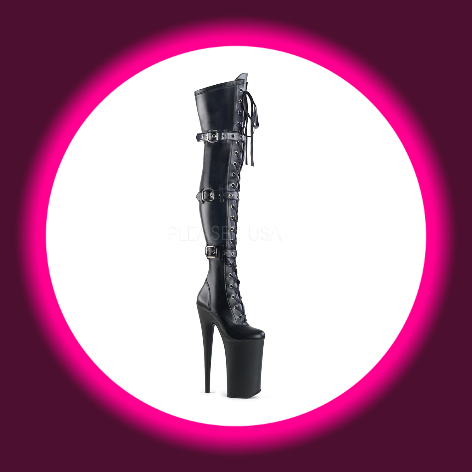 Winkelansicht schwarze Overknees mit Frontschnürung, Zierriemen und sehr hohem Absatz, Pleaser Beyond 3028