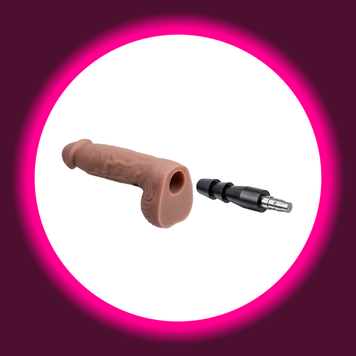 Winkelansicht eine großen Naturdildos in Hautfarbe, mit Loch und Aufsatz, Lovense Mini Sex Machine