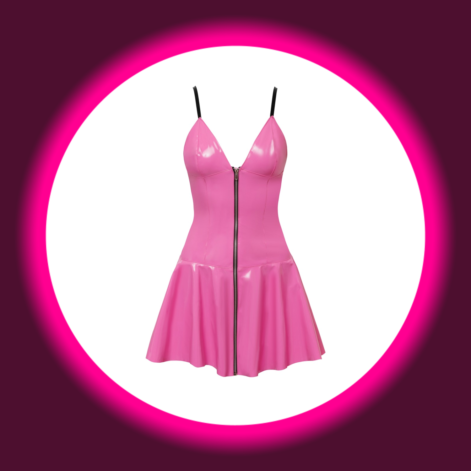 Frontansicht pinkes Lack-Minikleid mit Frontreißverschluss und schwarzen Trägern von Black Level