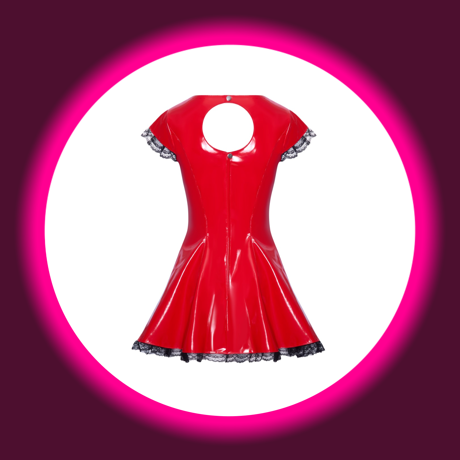 Rückansicht rotes Minikleid aus Lack mit schwarzen Spitzenrüschen, BLACK LEVEL