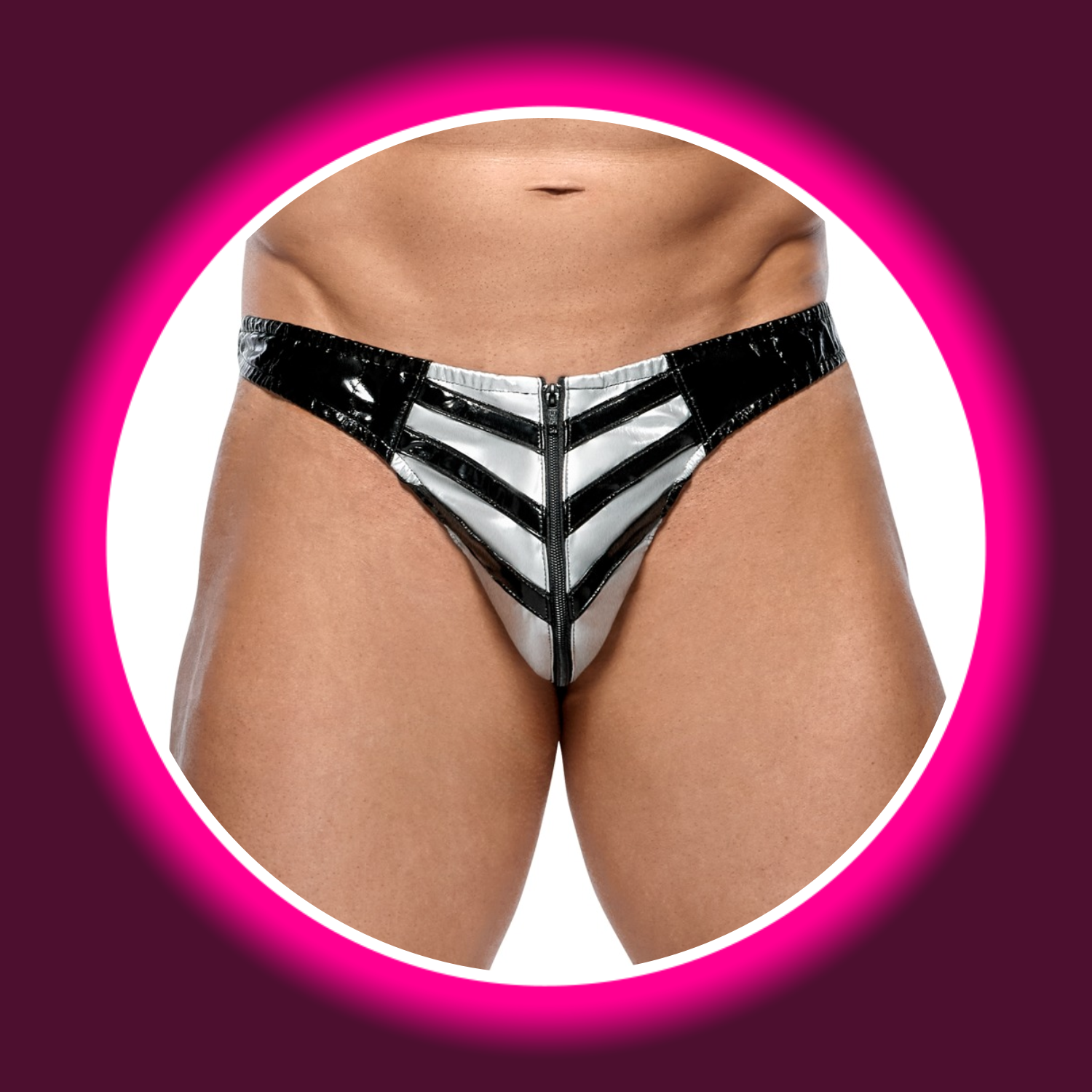 Mann in schwarz weißem Lackslip mit Reißverschluss von Black Level