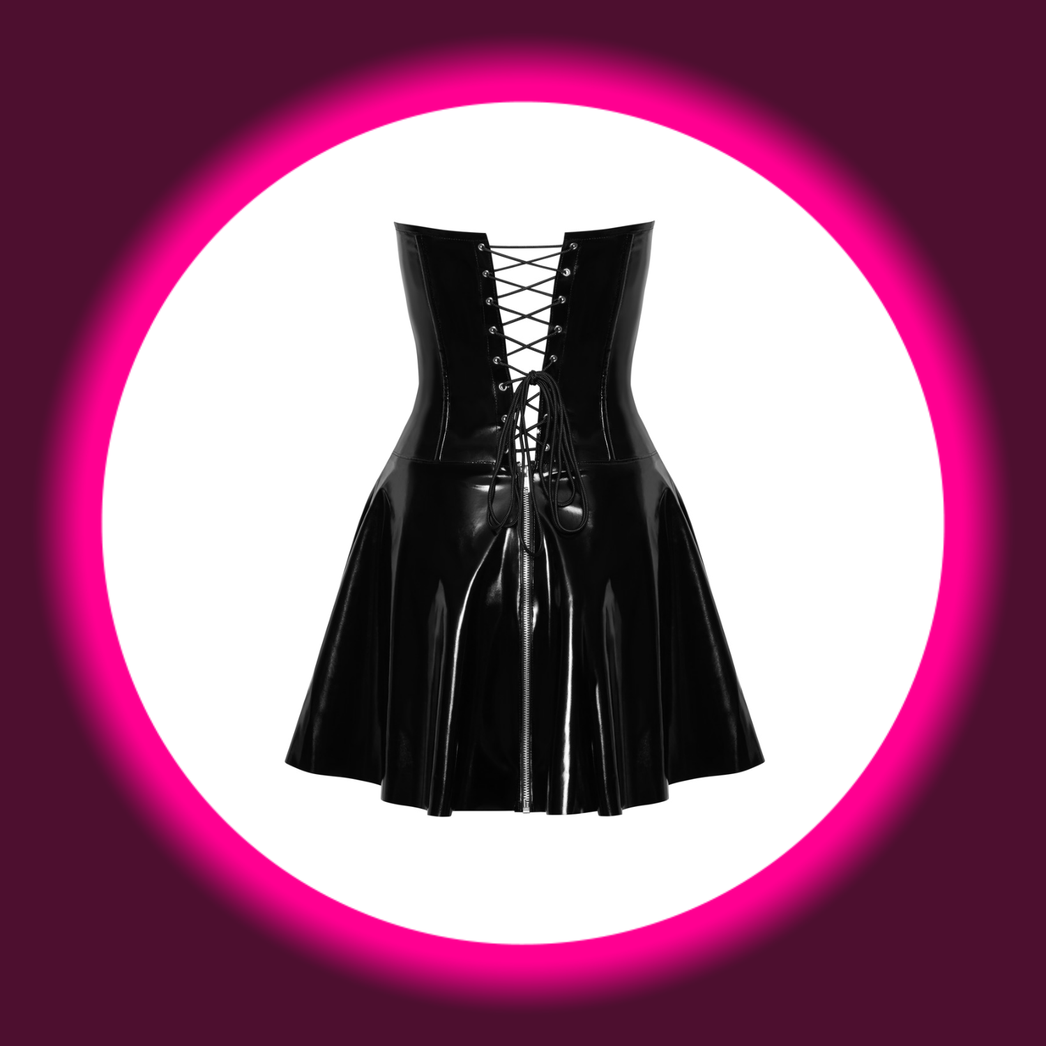 Rückansicht trägerloses schwarzes Minikleid aus Lack mit Corsagenoberteil von Black Level