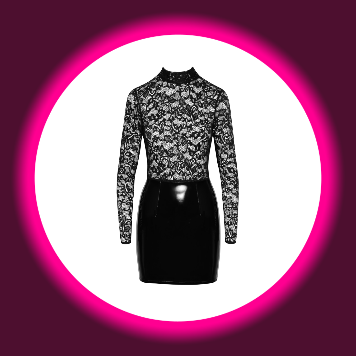 Frontansicht eines schwarzen engen Minikleids aus Lack und Spitze von Black Level