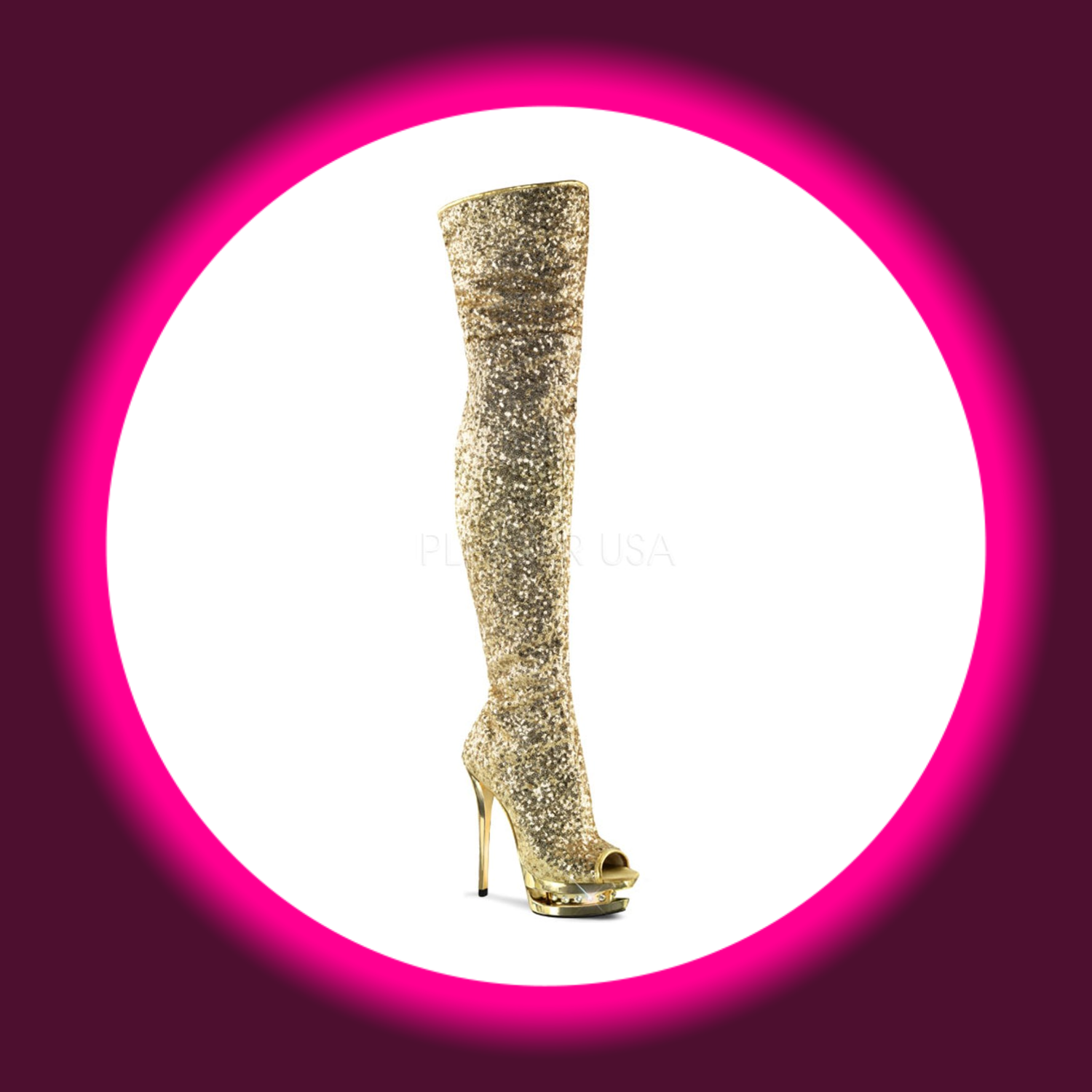 Winkelansicht goldene Peeptoe-Stiefel mit Pailletten, Straßsteinen und hohem Absatz, Pleaser Blondie 3011