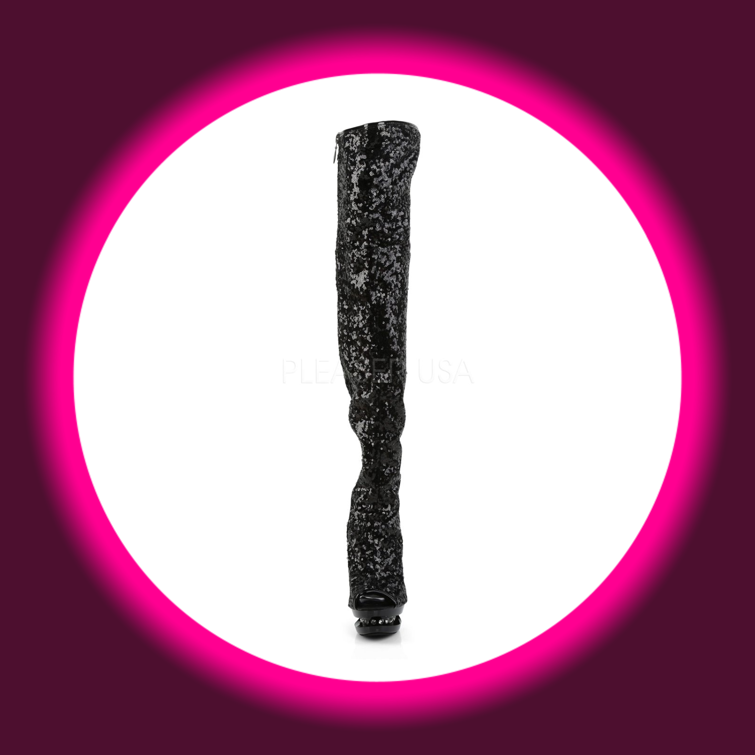 Frontansicht schwarze Peeptoe-Stiefel mit Pailletten, Straßsteinen und hohem Plateau, Pleaser Blondie 3011