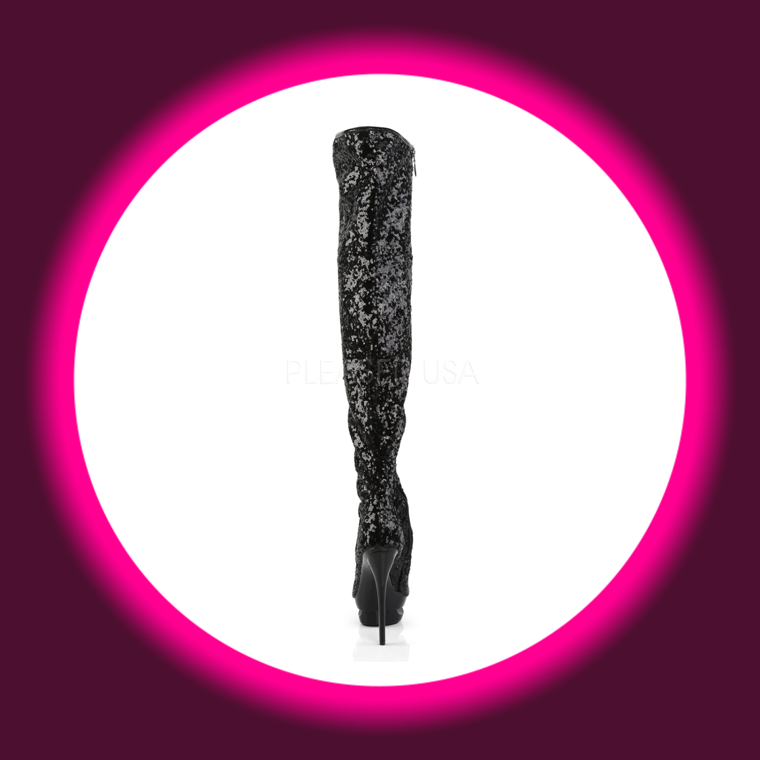 Rückansicht schwarze Stiefel mit Pailletten und hohem Absatz, Pleaser Blondie 3011