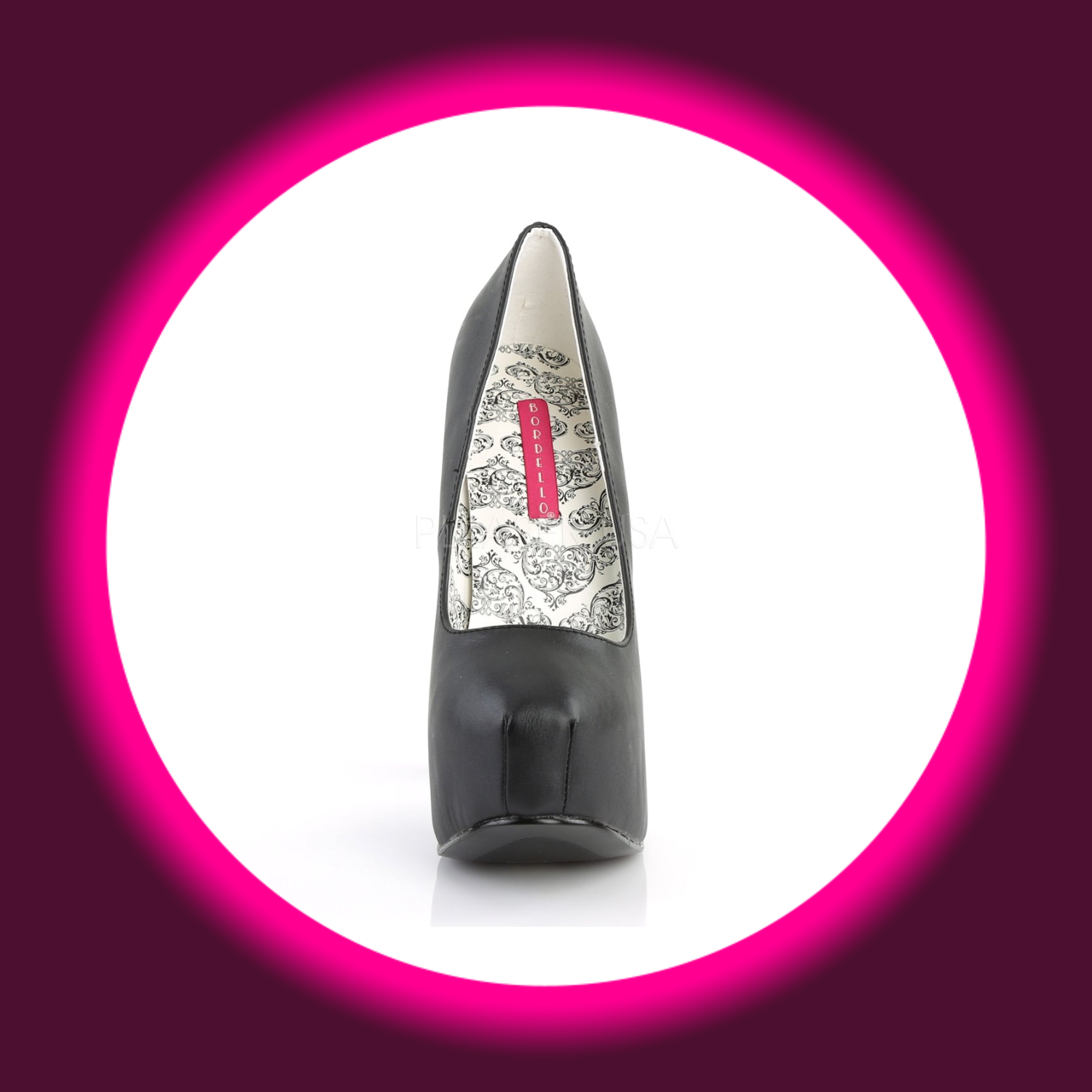 Bordello Teeze 06 High Heels, schwarze Pumps mit hohem Absatz, Plateau und gemusterter Innensohle