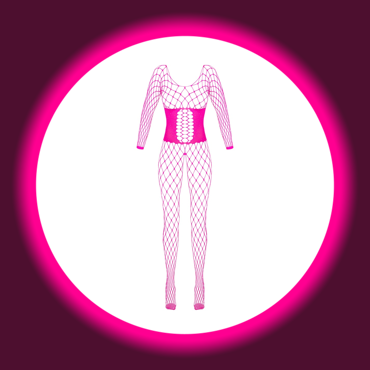 Frontansicht pinkfarbener grobmaschiger Netzcatsuit mit Glitzersteinen von Fantasy by Cotelli