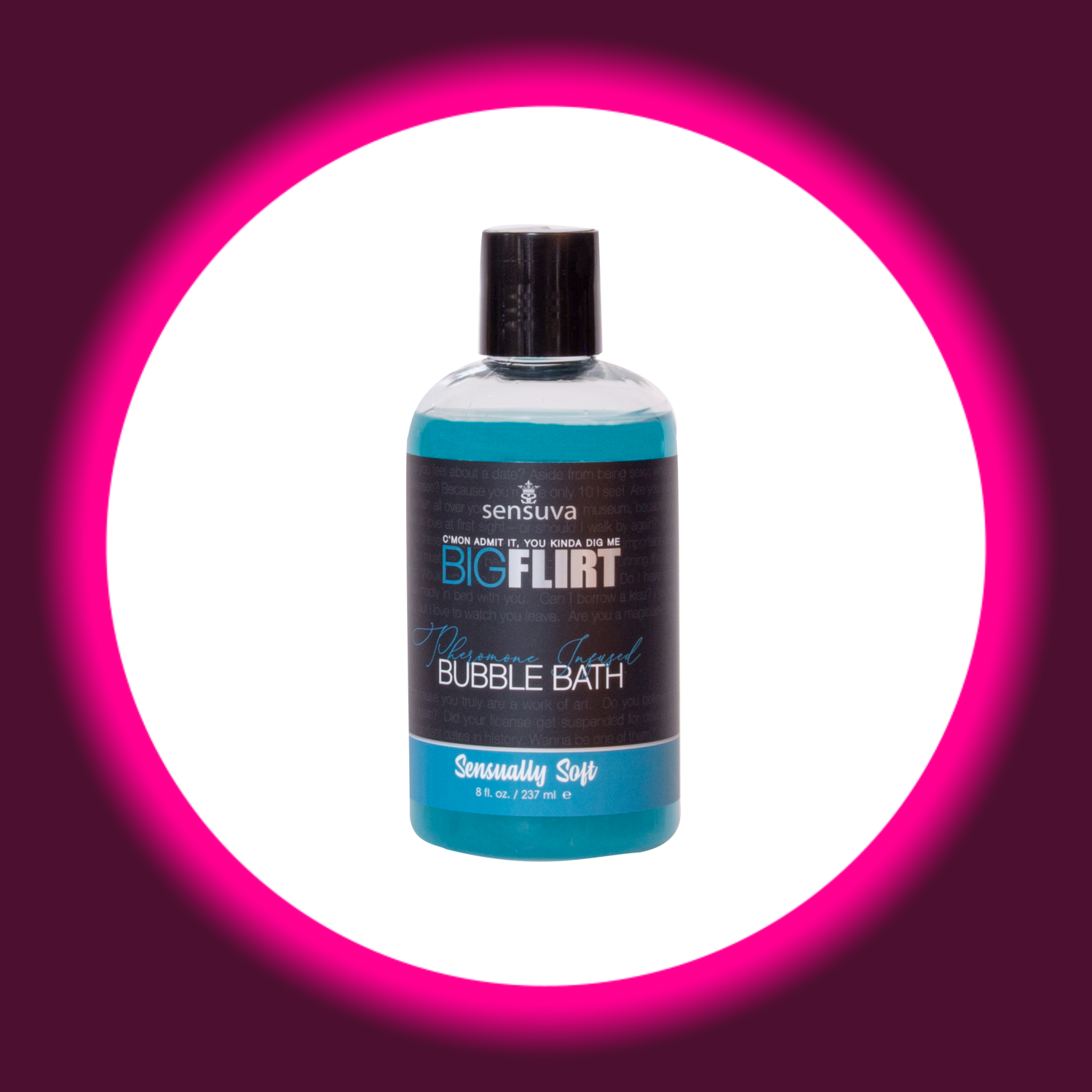 Sensuva Pheromone Schaumbad Flasche mit schwarzem Aufkleber und blauem Inhalt