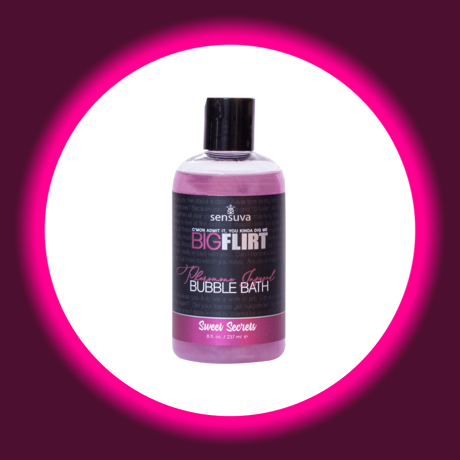 Sensuva Pheromone Schaumbad Flasche mit schwarzem Aufkleber und lila Inhalt