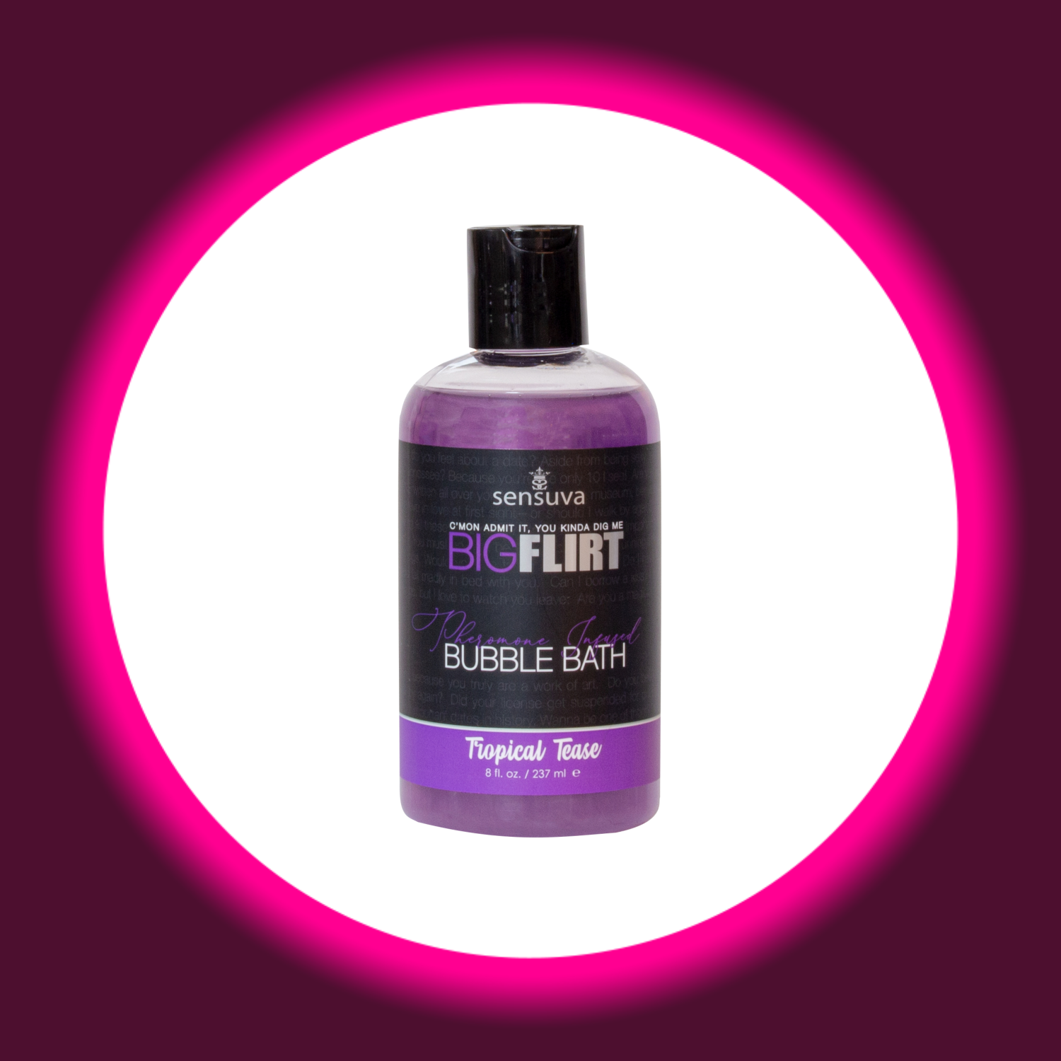 Sensuva Pheromone Schaumbad Flasche mit schwarzem Aufkleber und lila Inhalt
