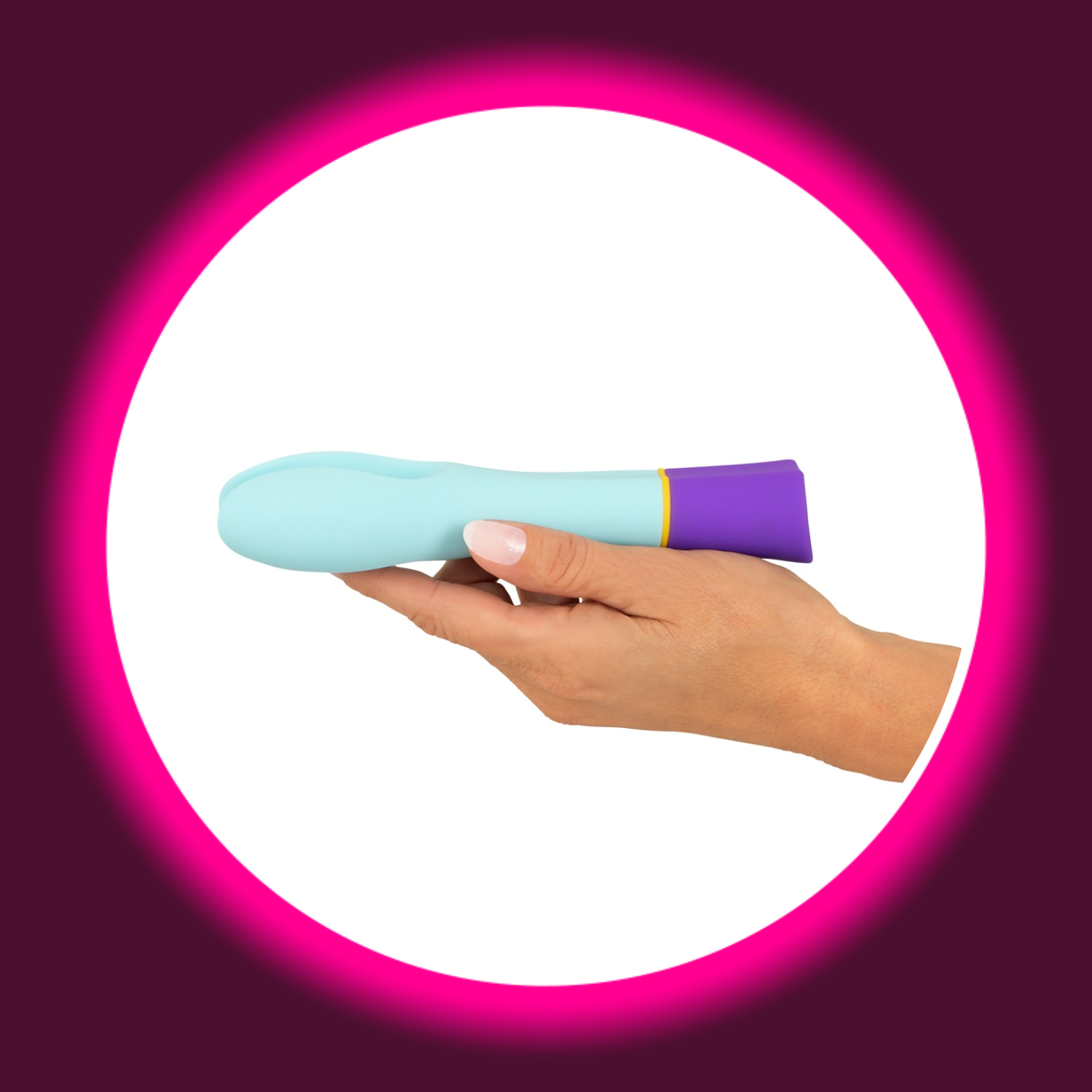 eine Hand hält einen bunten Doppel Vibrator in blau, lila, gelb von You2Toys