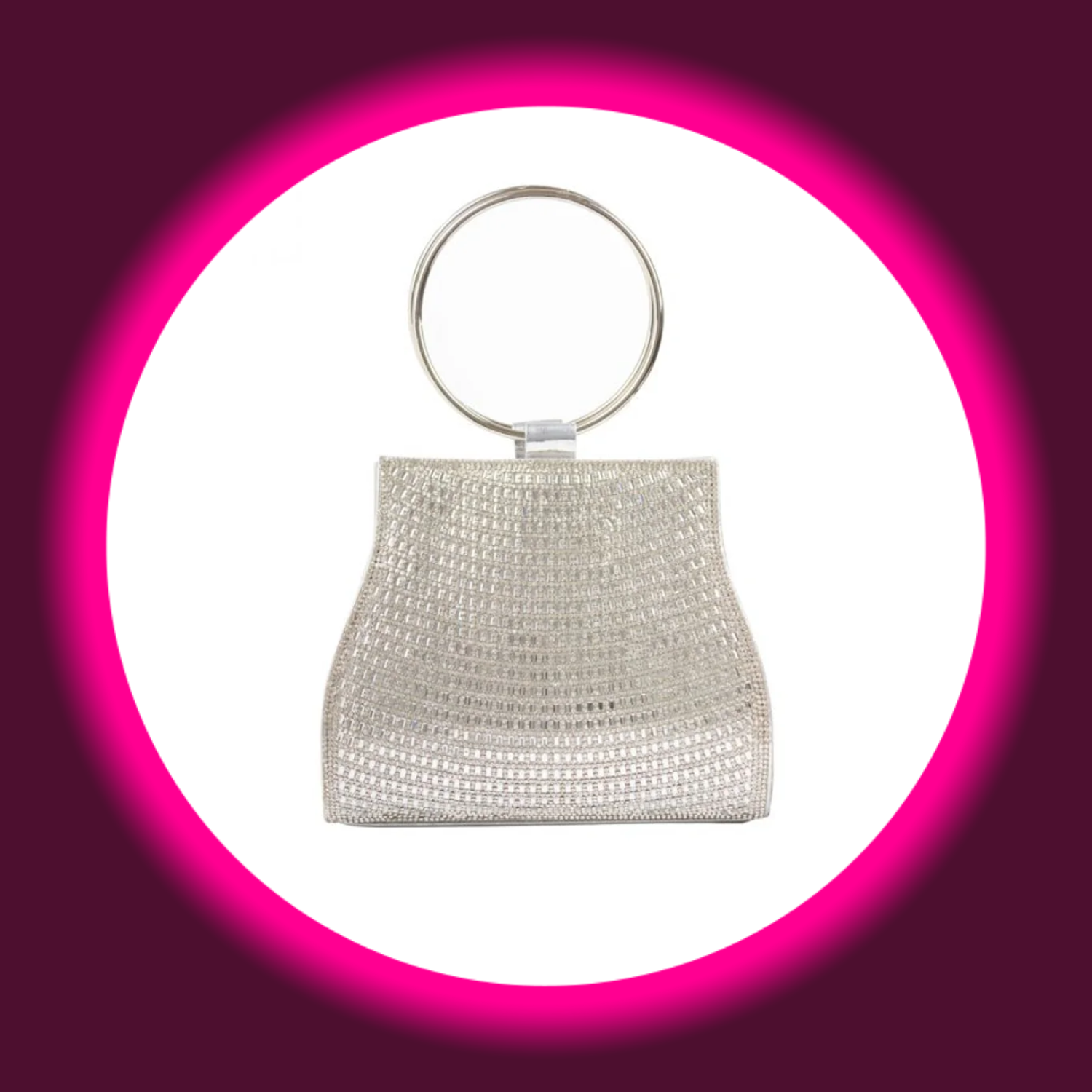 silberne Handtasche mit Strassverzierung und rundem Tragegriff, von Aftershock London